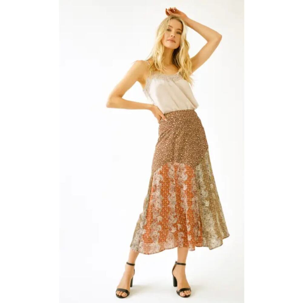Boho Patchwork Midi Skirt Flowy Mixed Print Size Small
